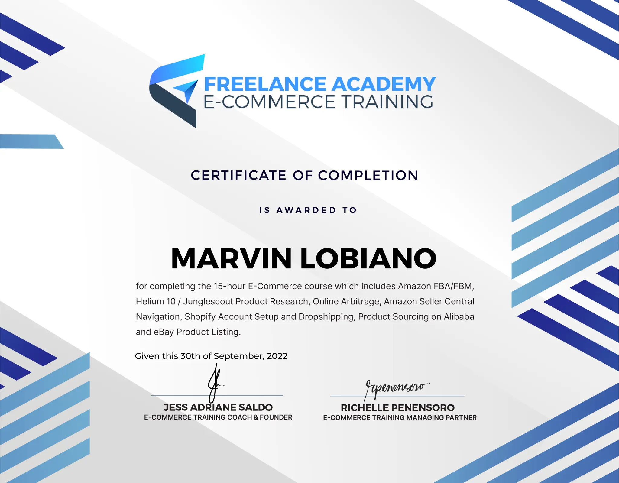 Marvin Lobiano has a E-commerce Certificate