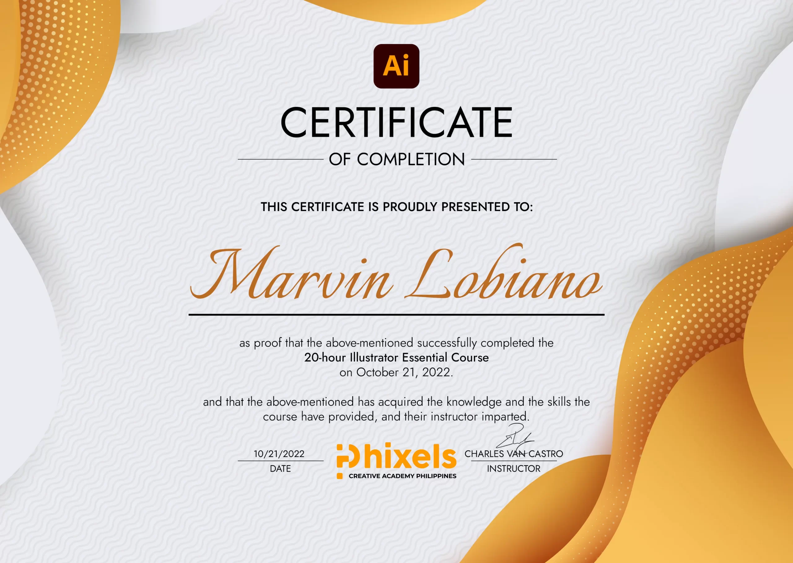 Marvin Lobiano has a Certificate of Adobe Illustrator