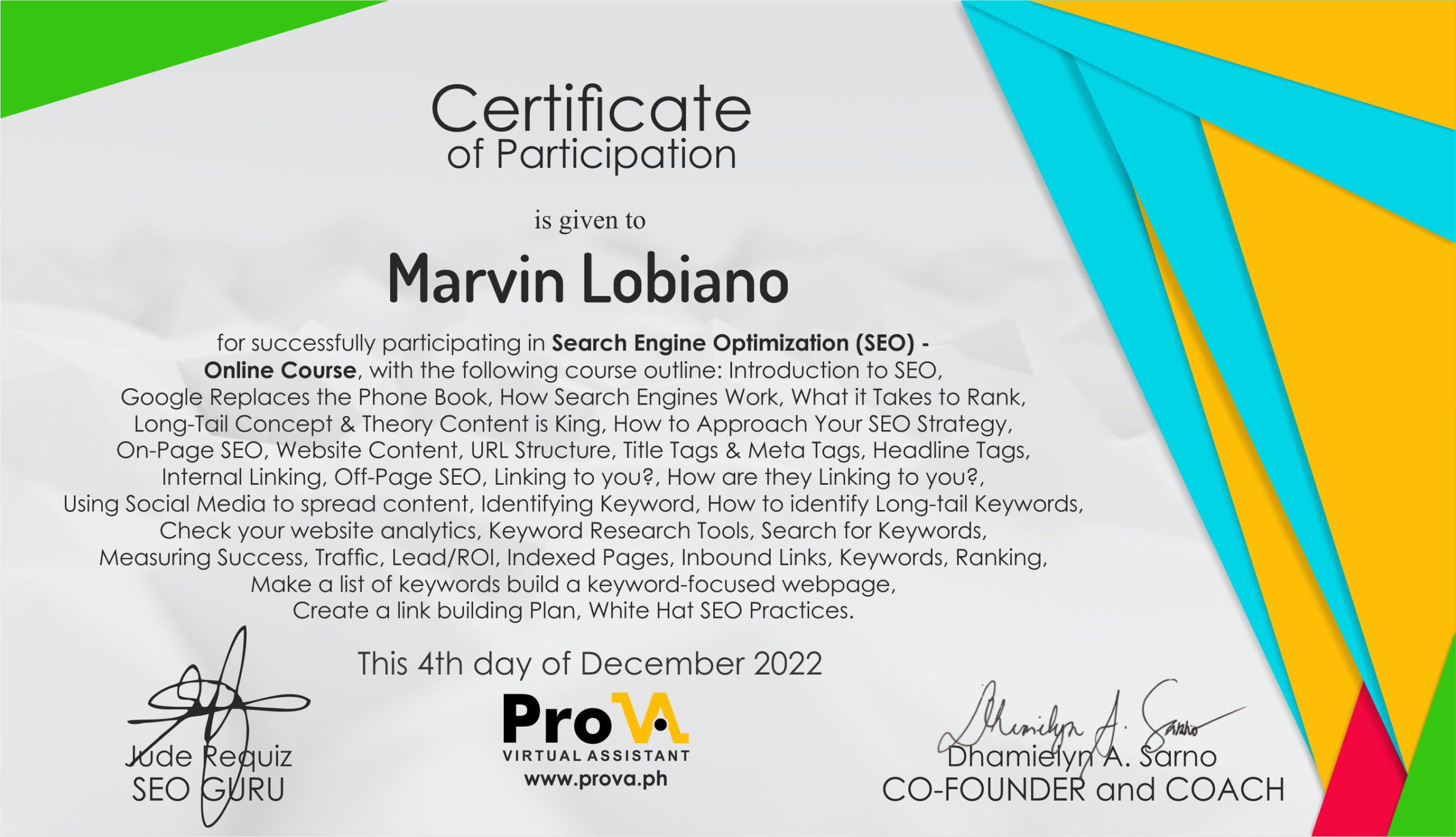 Marvin Lobiano has a Local SEO Certificate