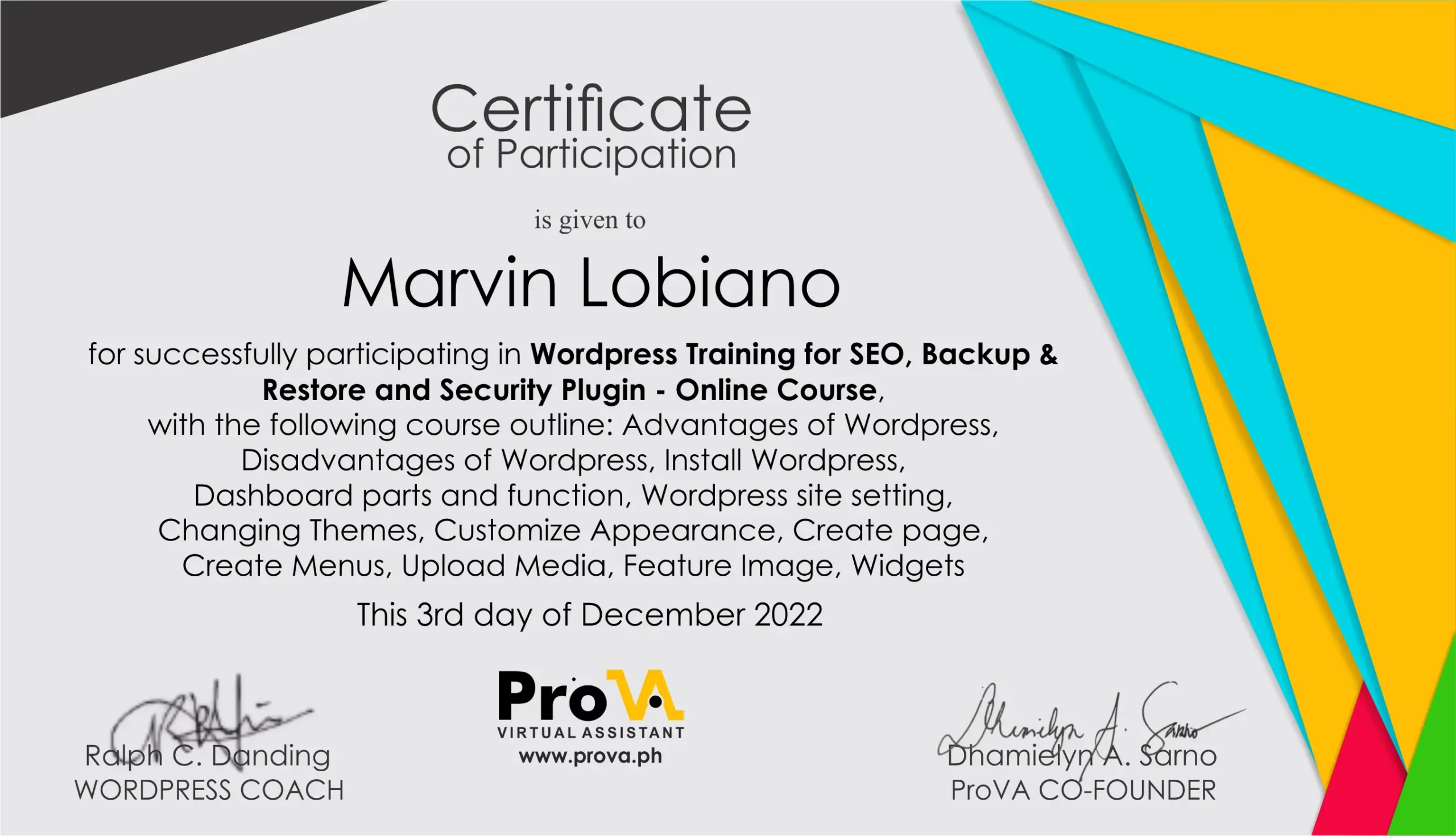 Marvin Lobiano has a WordPress Certificate